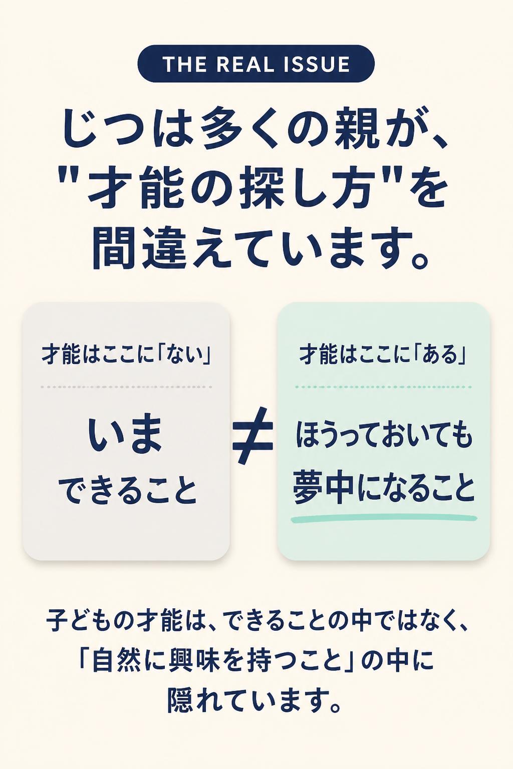 THE REAL ISSUE
じつは多くの親が、
"才能の探し方"を間違えています。

才能はここに「ない」
いま
できること
≠
才能はここに「ある」
ほうっておいても
夢中になること
子どもの才能は、できることの中ではなく、「自然に興味を持つこと」の中に隠れています。