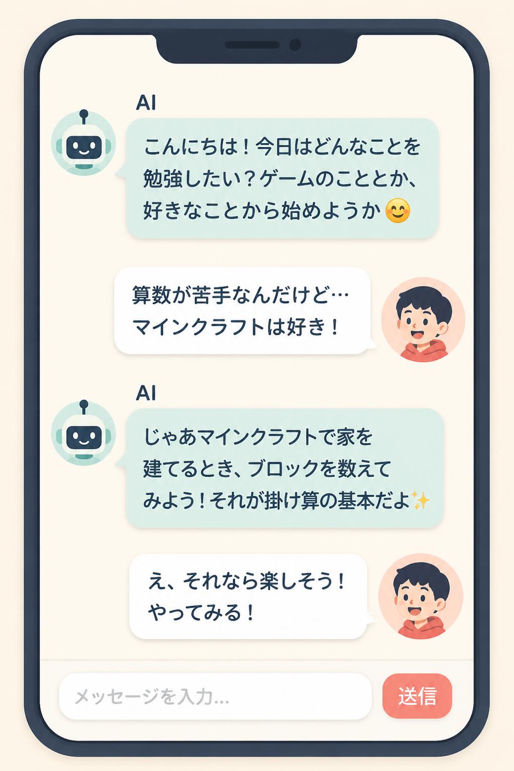 AI
こんにちは！今日はどんなことを勉強したい？ゲームのこととか、好きなことから始めようか😊
算数が苦手なんだけど…マインクラフトは好き！
AI
じゃあマインクラフトで家を建てるとき、ブロックを数えてみよう！それが掛け算の基本だよ✨
え、それなら楽しそう！やってみる！
メッセージを入力...
送信