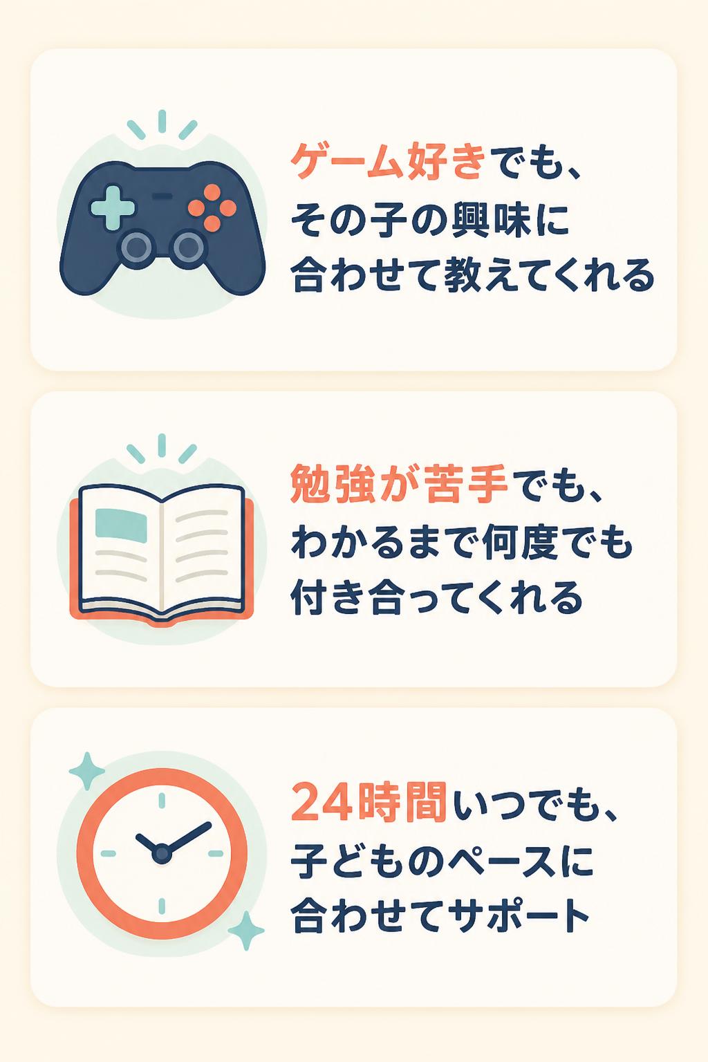 🎮
ゲーム好きでも、その子の興味に合わせて教えてくれる
📖
勉強が苦手でも、わかるまで何度でも付き合ってくれる
⏰
24時間いつでも、子どものペースに合わせてサポート