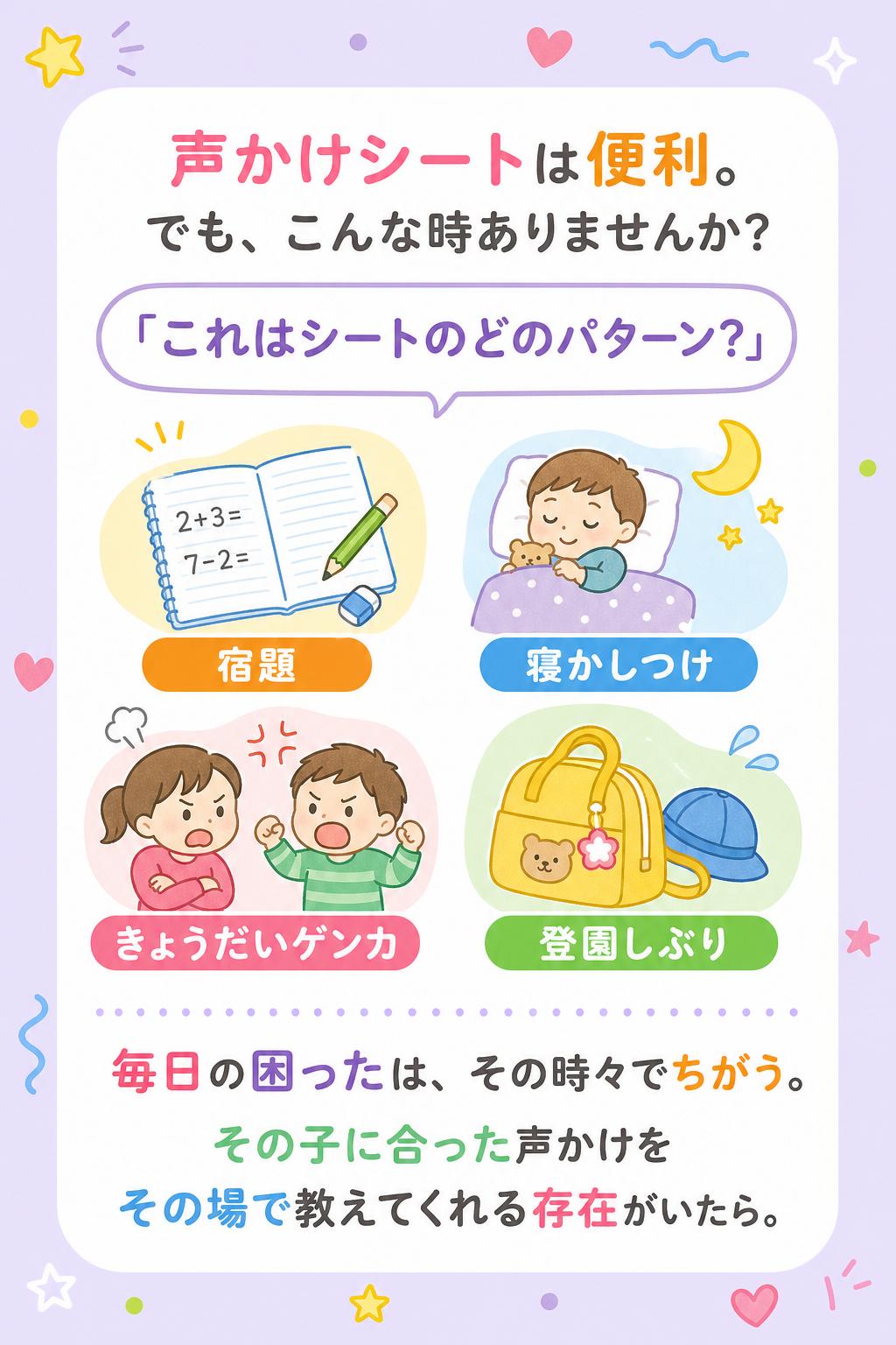 2
声かけシートは「今日から使える」便利な道具です。
でも…「これはシートのどのパターン？」と迷う場面、きっと出てきます。

宿題・寝かしつけ・きょうだいゲンカ・登園しぶり…
毎日の"困った"は、その時々でちがう。
そのたびに、その子に合った声かけを教えてくれる存在がいたら——。