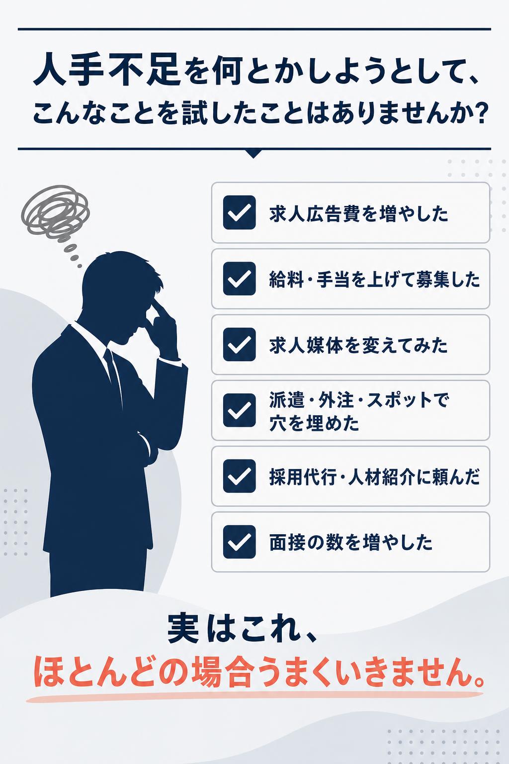 人手不足を何とかしようとして、こんなことを試したことはありませんか？
求人広告費を増やした
給料・手当を上げて募集した
求人媒体を変えてみた
派遣・外注・スポットで穴を埋めた
採用代行・人材紹介に頼んだ
面接の数を増やした

実はこれ、ほとんどの場合うまくいきません。