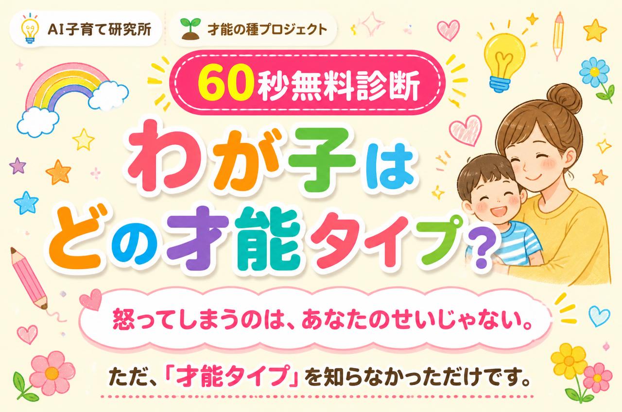 AI子育て研究所|才能の種プロジェクト
60秒無料診断
わが子は
どの才能タイプ?
怒ってしまうのは、あなたのせいじゃない。
ただ、「才能タイプ」を知らなかっただけです。