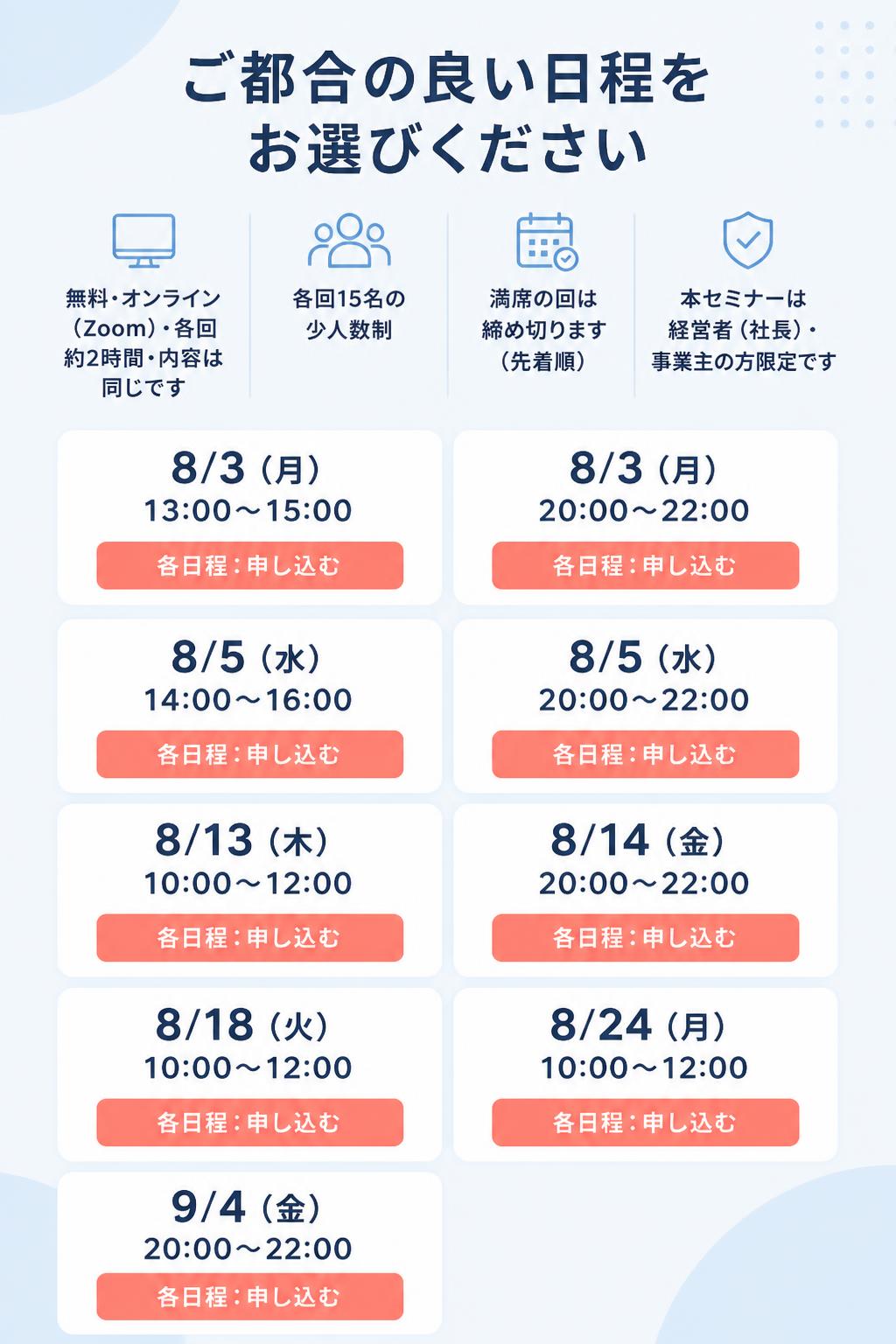 ▼ ご都合の良い日程をお選びください 無料・オンライン（Zoom）・各回 約2時間・内容は同じです 各回15名の少人数制／満席の回は締め切ります（先着順） 本セミナーは経営者（社長）・事業主の方限定です

8/3（月）13:00〜15:00
8/3（月）20:00〜22:00
8/5（水）14:00〜16:00
8/5（水）20:00〜22:00
8/13（木）10:00〜12:00
8/14（金）20:00〜22:00
8/18（火）10:00〜12:00
8/24（月）10:00〜12:00
9/4（金）20:00〜22:00

各日程：申し込む