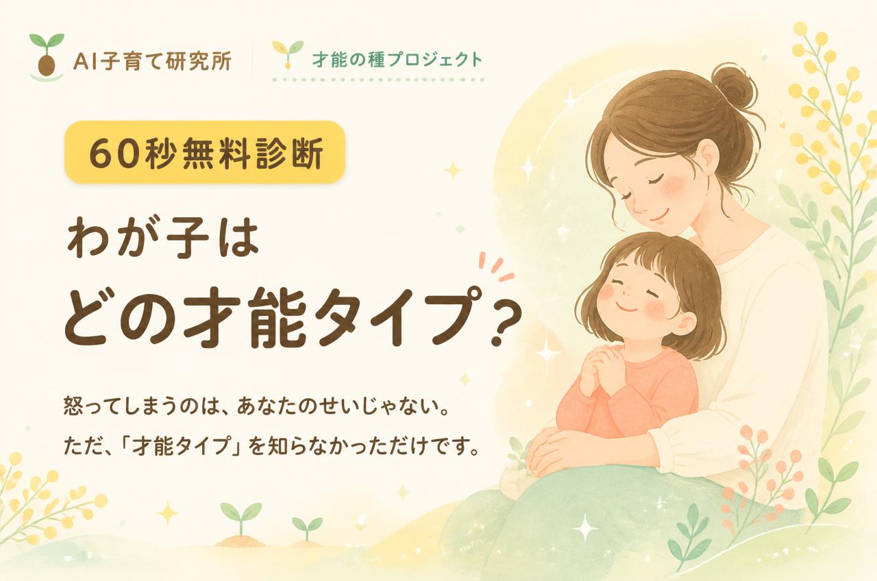 AI子育て研究所|才能の種プロジェクト
60秒無料診断
わが子は
どの才能タイプ?
怒ってしまうのは、あなたのせいじゃない。
ただ、「才能タイプ」を知らなかっただけです。