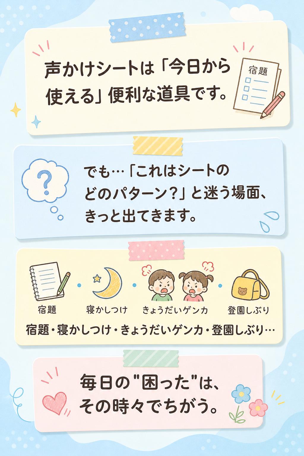 声かけシートは「今日から使える」便利な道具です。
でも…「これはシートのどのパターン？」と迷う場面、きっと出てきます。

宿題・寝かしつけ・きょうだいゲンカ・登園しぶり…
毎日の"困った"は、その時々でちがう。