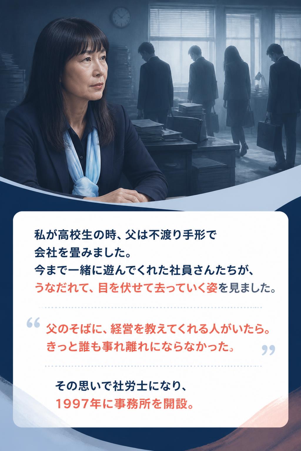 私が高校生の時、父は不渡り手形で会社を畳みました。 今まで一緒に遊んでくれた社員さんたちが、 うなだれて、目を伏せて去っていく姿を見ました。

「父のそばに、経営を教えてくれる人がいたら。 きっと誰も離れ離れにならなかった」

その思いで社労士になり、1997年に事務所を開設。