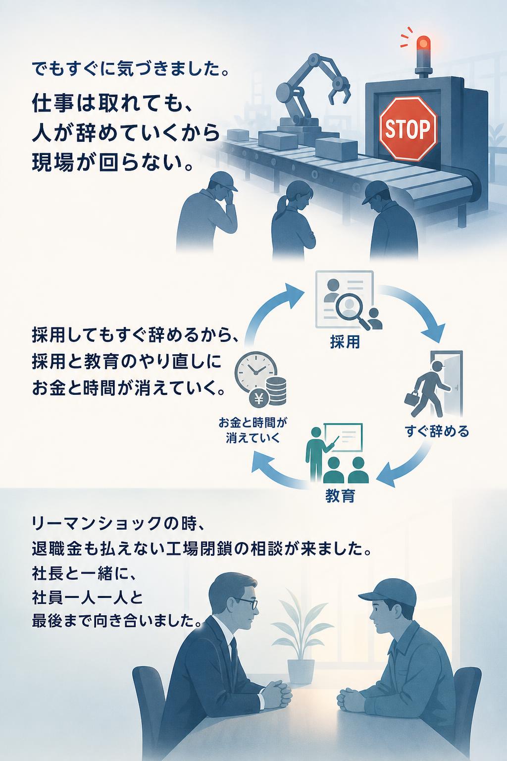 でもすぐに気づきました。

仕事は取れても、 人が辞めていくから現場が回らない。

採用してもすぐ辞めるから、 採用と教育のやり直しにお金と時間が消えていく。

リーマンショックの時、 退職金も払えない工場閉鎖の相談が来ました。 社長と一緒に、社員一人一人と最後まで向き合いました。