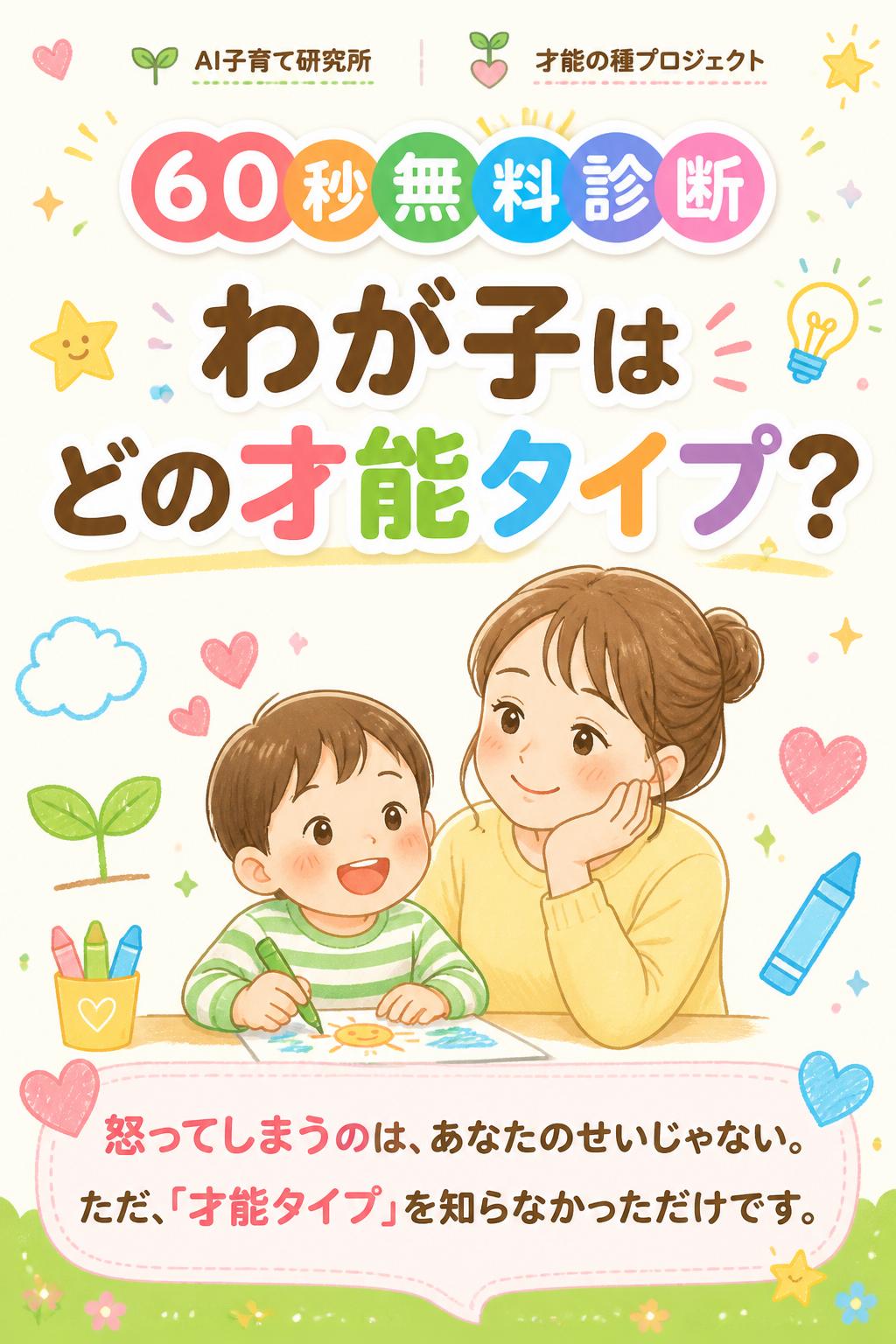AI子育て研究所|才能の種プロジェクト
60秒無料診断
わが子は
どの才能タイプ?
怒ってしまうのは、あなたのせいじゃない。
ただ、「才能タイプ」を知らなかっただけです。