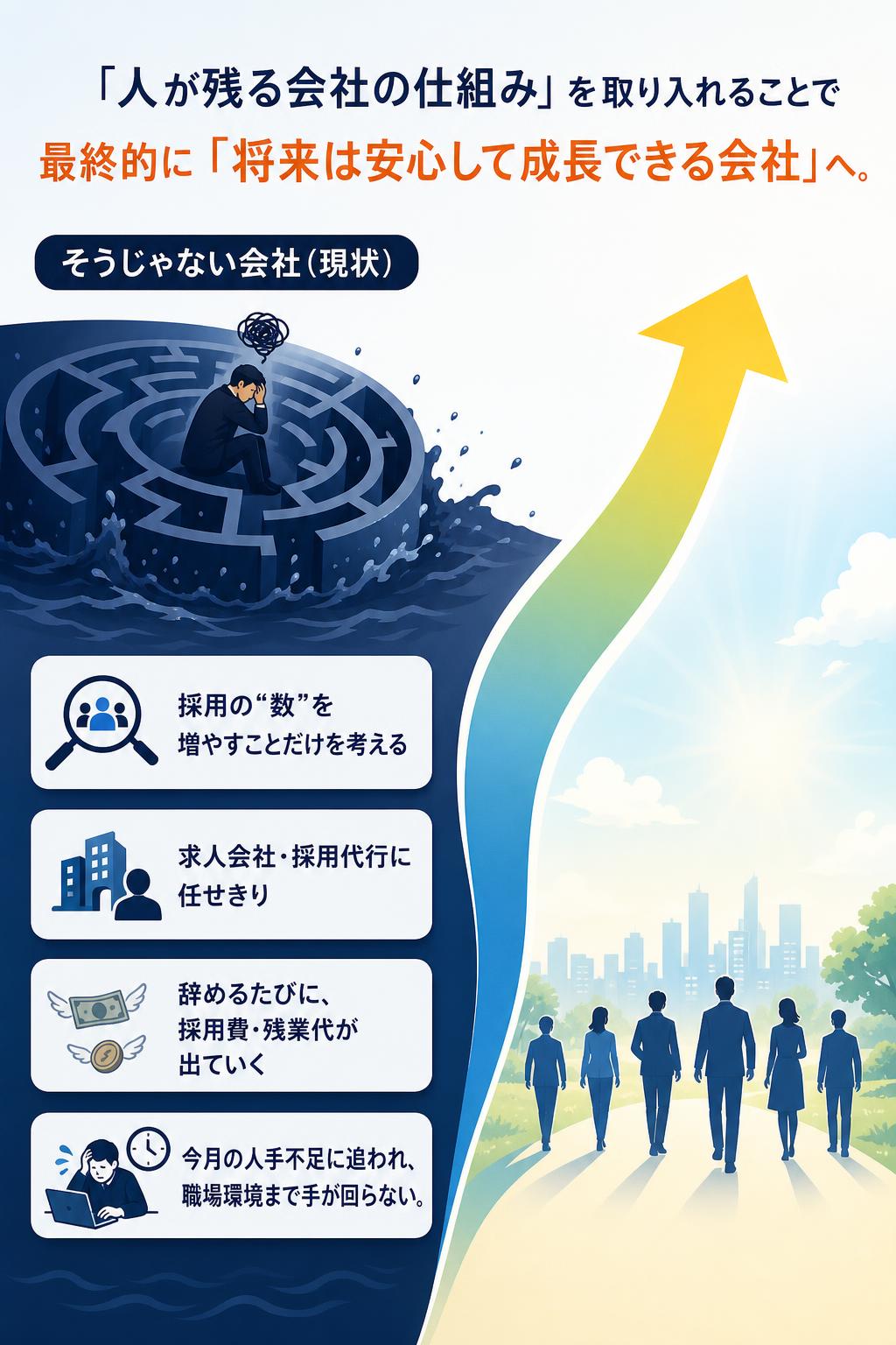 「人が残る会社の仕組み」を取り入れることで
最終的に「将来は安心して成長できる会社」へ。

そうじゃない会社（現状）

採用の“数”を増やすことだけを考える
求人会社・採用代行に任せきり
辞めるたびに、採用費・残業代が出ていく
今月の人手不足に追われ、職場環境まで手が回らない