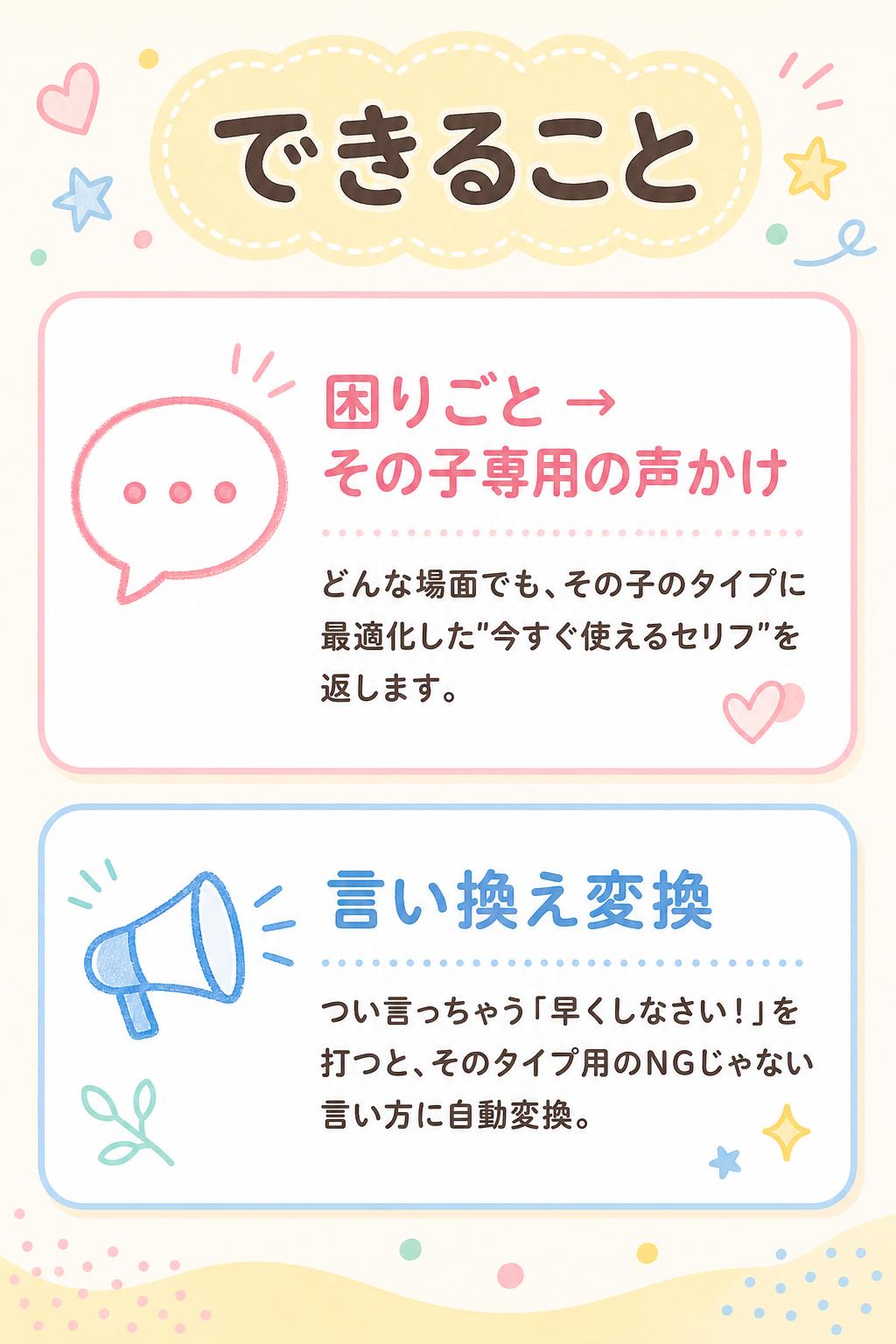 できること

💬
困りごと → その子専用の声かけ
どんな場面でも、その子のタイプに最適化した"今すぐ使えるセリフ"を返します。
🗣
言い換え変換
つい言っちゃう「早くしなさい！」を打つと、そのタイプ用のNGじゃない言い方に自動変換。