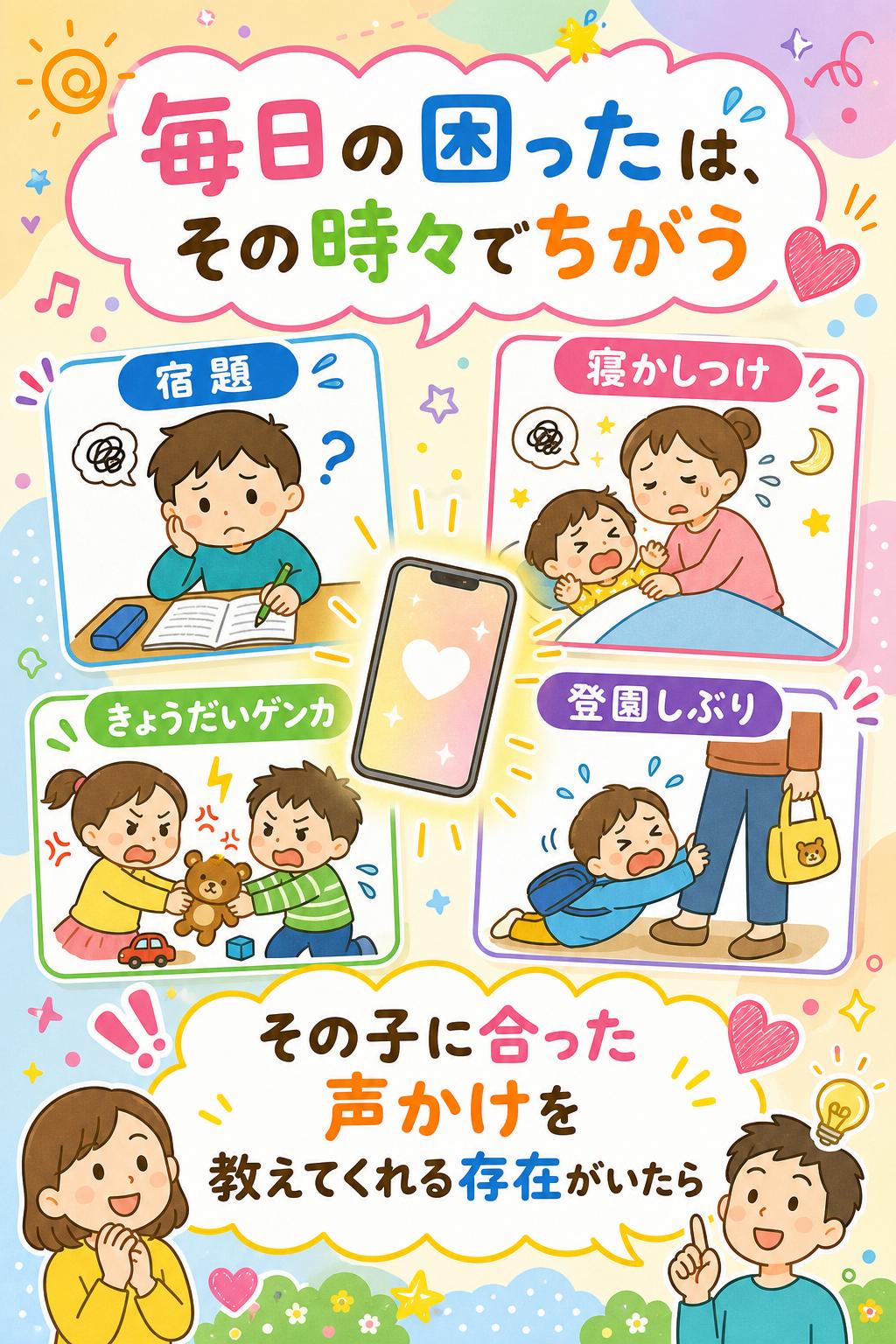 宿題・寝かしつけ・きょうだいゲンカ・登園しぶり…
毎日の"困った"は、その時々でちがう。
そのたびに、その子に合った声かけを教えてくれる存在がいたら——。
