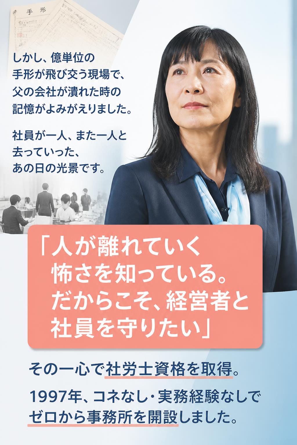 しかし、億単位の手形が飛び交う現場で、父の会社が潰れた時の記憶がよみがえりました。 社員が一人、また一人と去っていった、あの日の光景です。

「人が離れていく怖さを知っている。だからこそ、経営者と社員を守りたい」

その一心で社労士資格を取得。 1997年、コネなし・実務経験なしでゼロから事務所を開設しました。