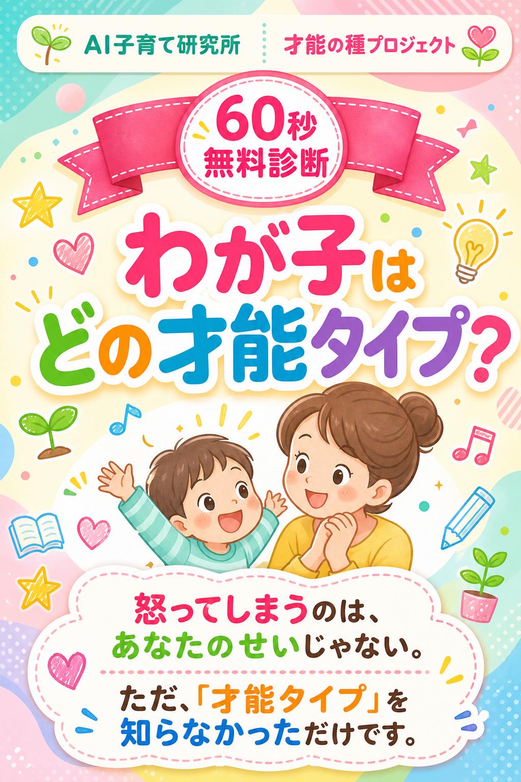 AI子育て研究所|才能の種プロジェクト
60秒無料診断
わが子は
どの才能タイプ?
怒ってしまうのは、あなたのせいじゃない。
ただ、「才能タイプ」を知らなかっただけです。