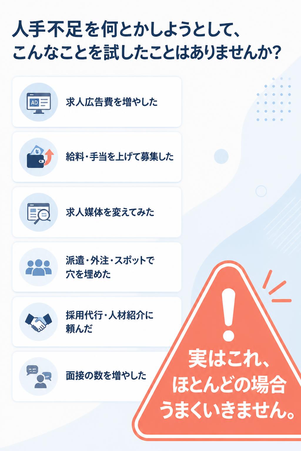 人手不足を何とかしようとして、こんなことを試したことはありませんか？
求人広告費を増やした
給料・手当を上げて募集した
求人媒体を変えてみた
派遣・外注・スポットで穴を埋めた
採用代行・人材紹介に頼んだ
面接の数を増やした

実はこれ、ほとんどの場合うまくいきません。