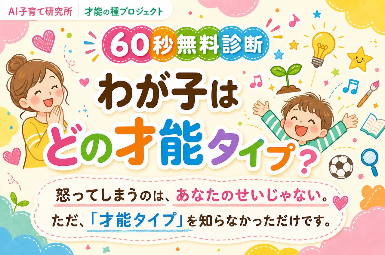 AI子育て研究所|才能の種プロジェクト
60秒無料診断
わが子は
どの才能タイプ?
怒ってしまうのは、あなたのせいじゃない。
ただ、「才能タイプ」を知らなかっただけです。