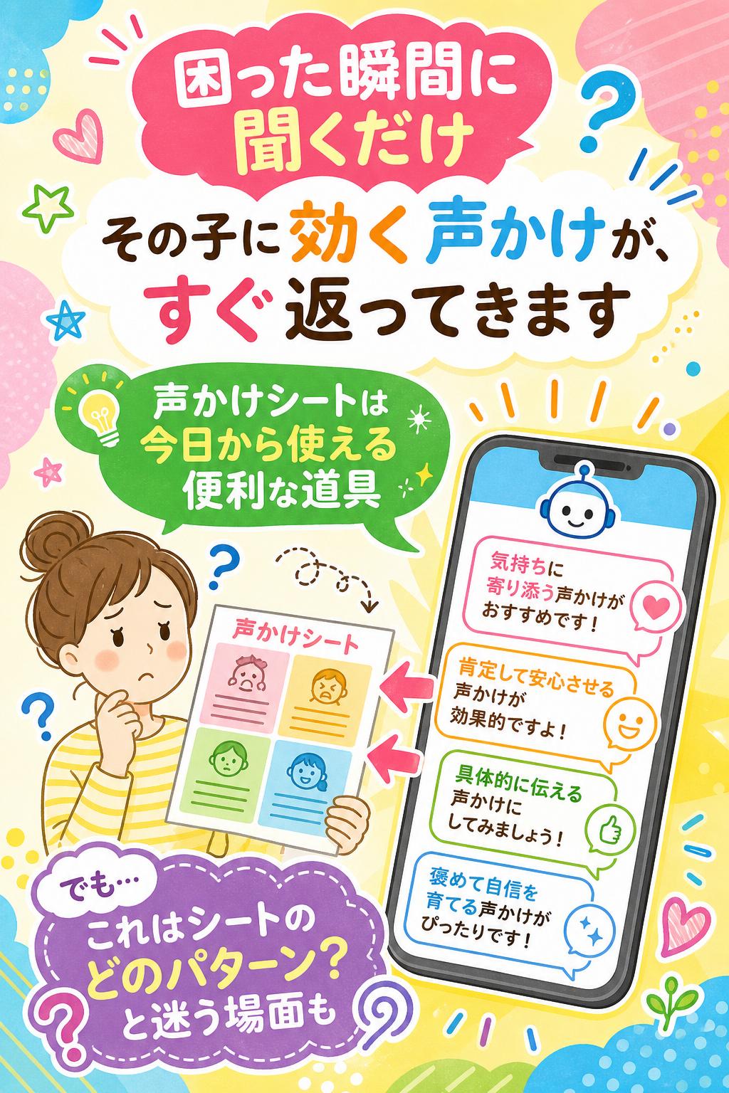 困った瞬間に聞くだけ。
その子に効く声かけが、すぐ返ってきます。

声かけシートは「今日から使える」便利な道具です。
でも…「これはシートのどのパターン？」と迷う場面、きっと出てきます。